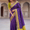 Royal Violet Kanjivaram Style Silk Saree with Lime Gold Zari Border