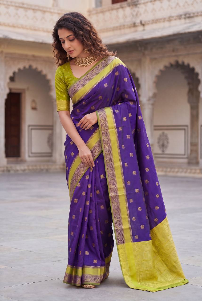 Royal Violet Kanjivaram Style Silk Saree with Lime Gold Zari Border