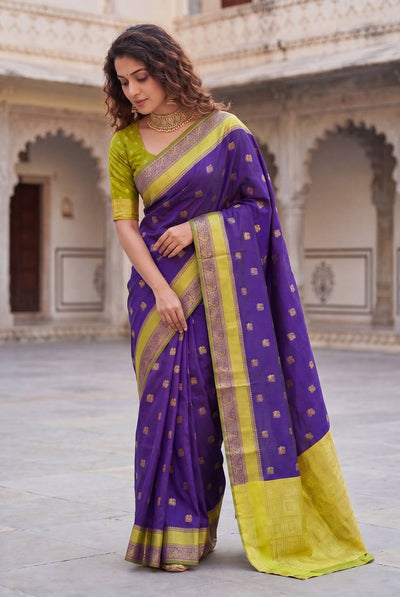 Royal Violet Kanjivaram Style Silk Saree with Lime Gold Zari Border