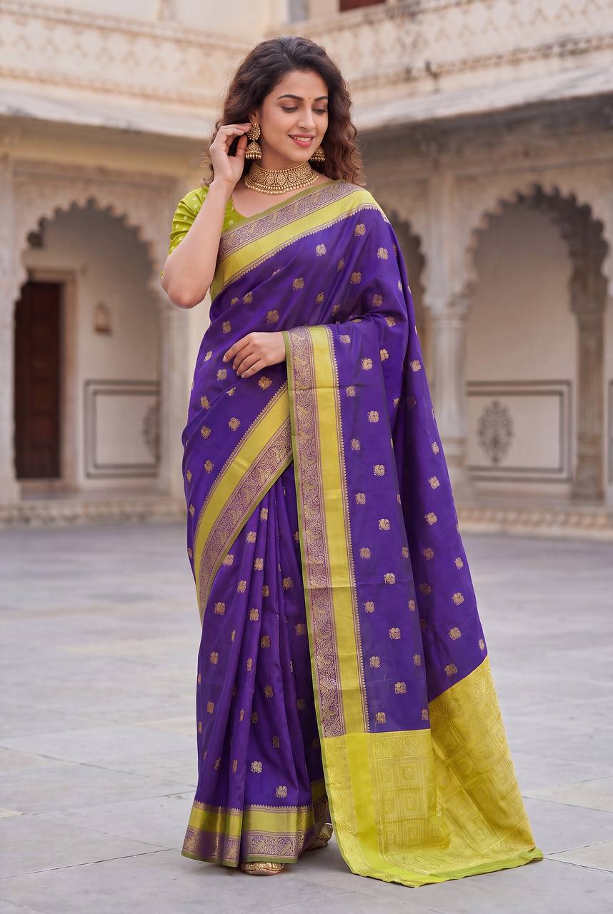 Royal Violet Kanjivaram Style Silk Saree with Lime Gold Zari Border