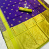 Royal Violet Kanjivaram Style Silk Saree with Lime Gold Zari Border