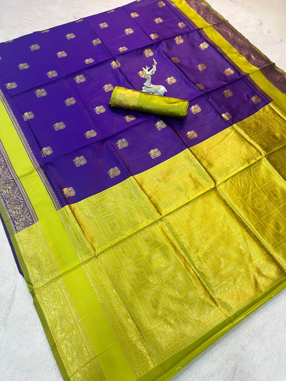 Royal Violet Kanjivaram Style Silk Saree with Lime Gold Zari Border