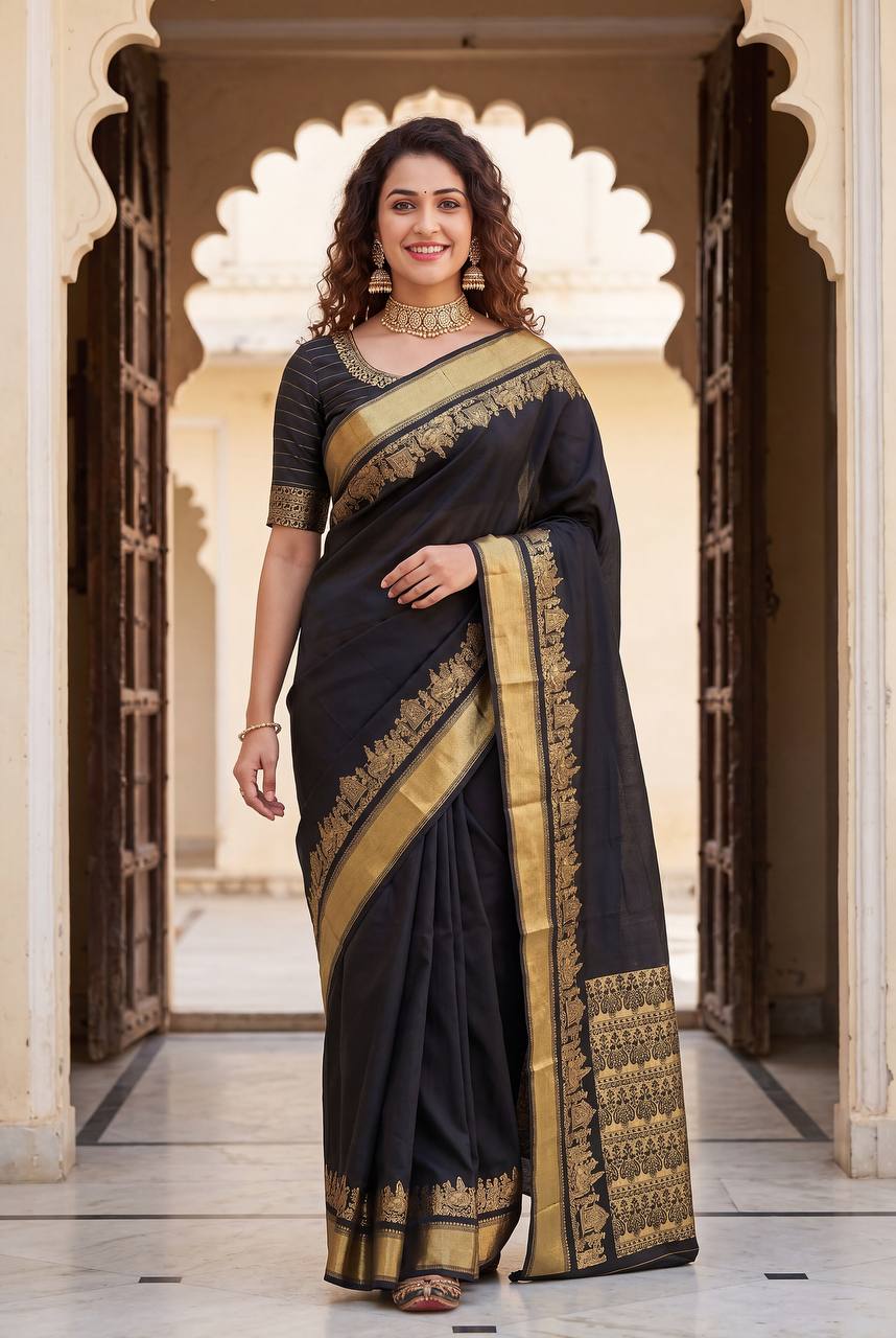 Midnight Black Royal Silk Saree with Antique Gold Zari Border