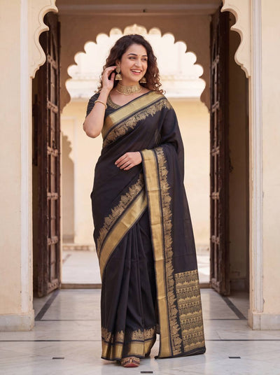 Midnight Black Royal Silk Saree with Antique Gold Zari Border