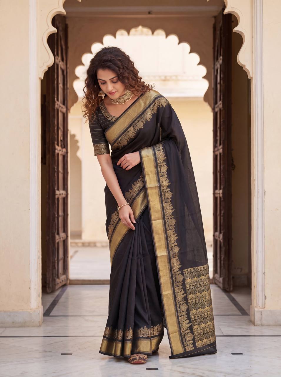 Midnight Black Royal Silk Saree with Antique Gold Zari Border