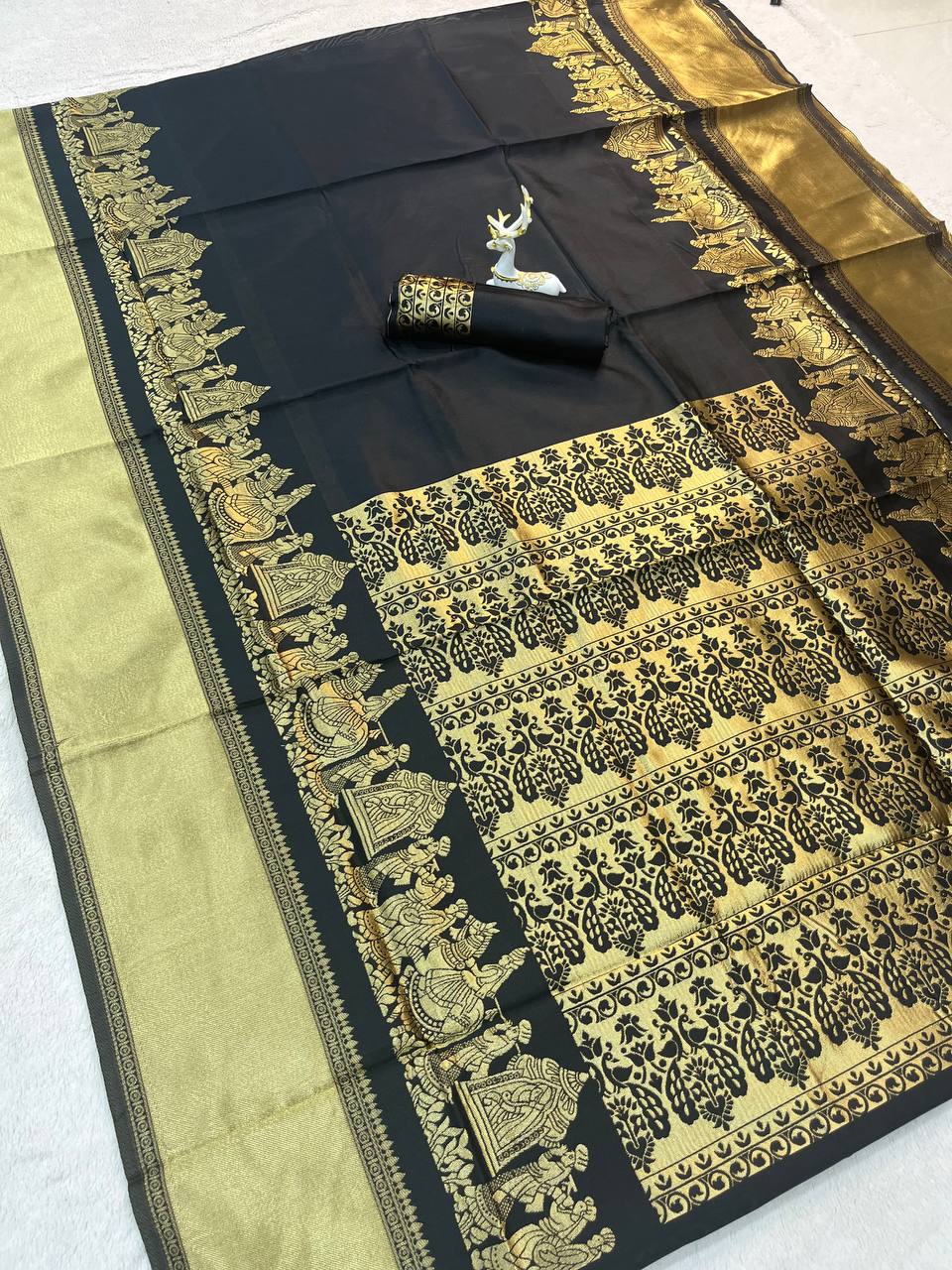 Midnight Black Royal Silk Saree with Antique Gold Zari Border