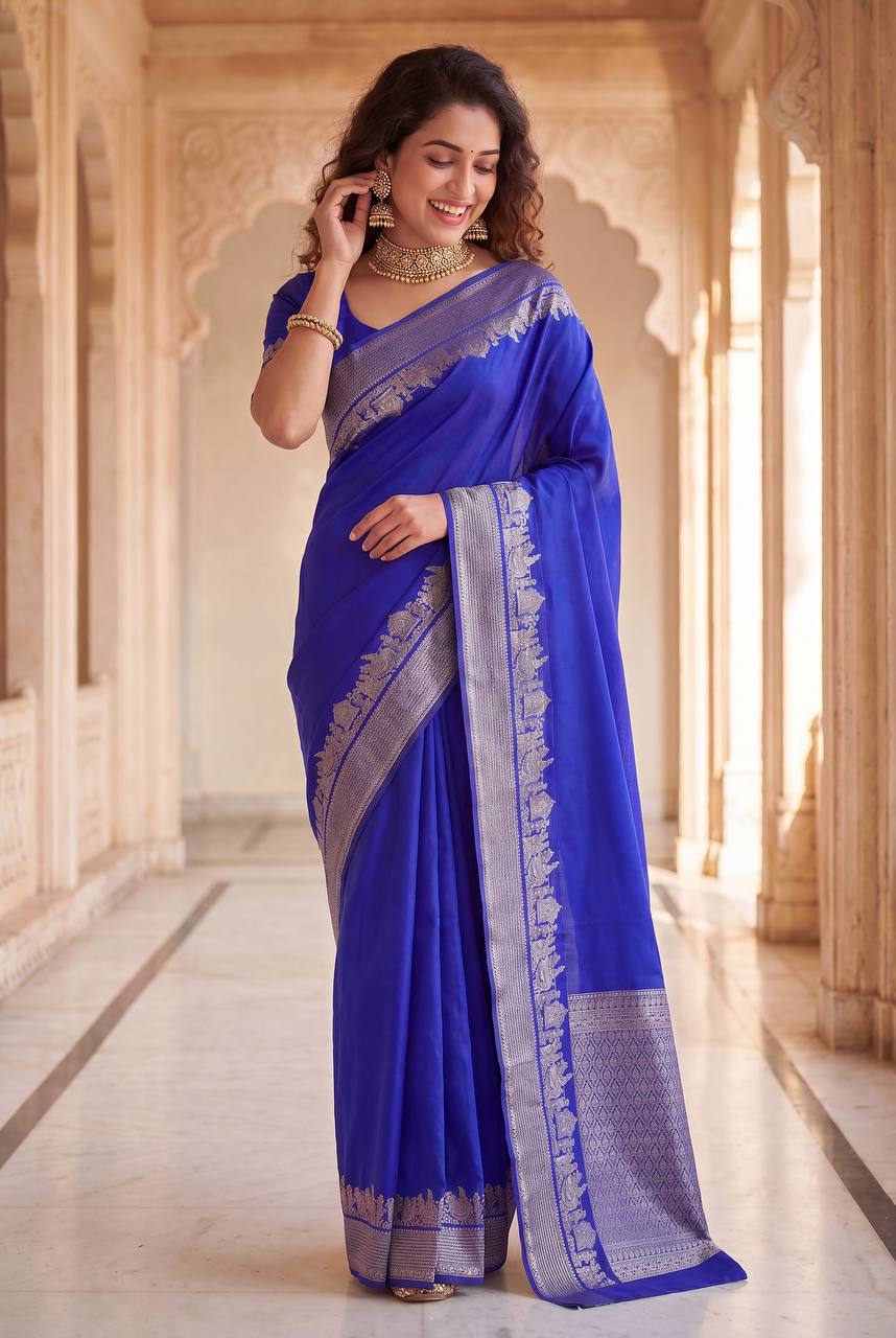 Royal Sapphire Banarasi Silk Saree with Silver Heritage Zari Border