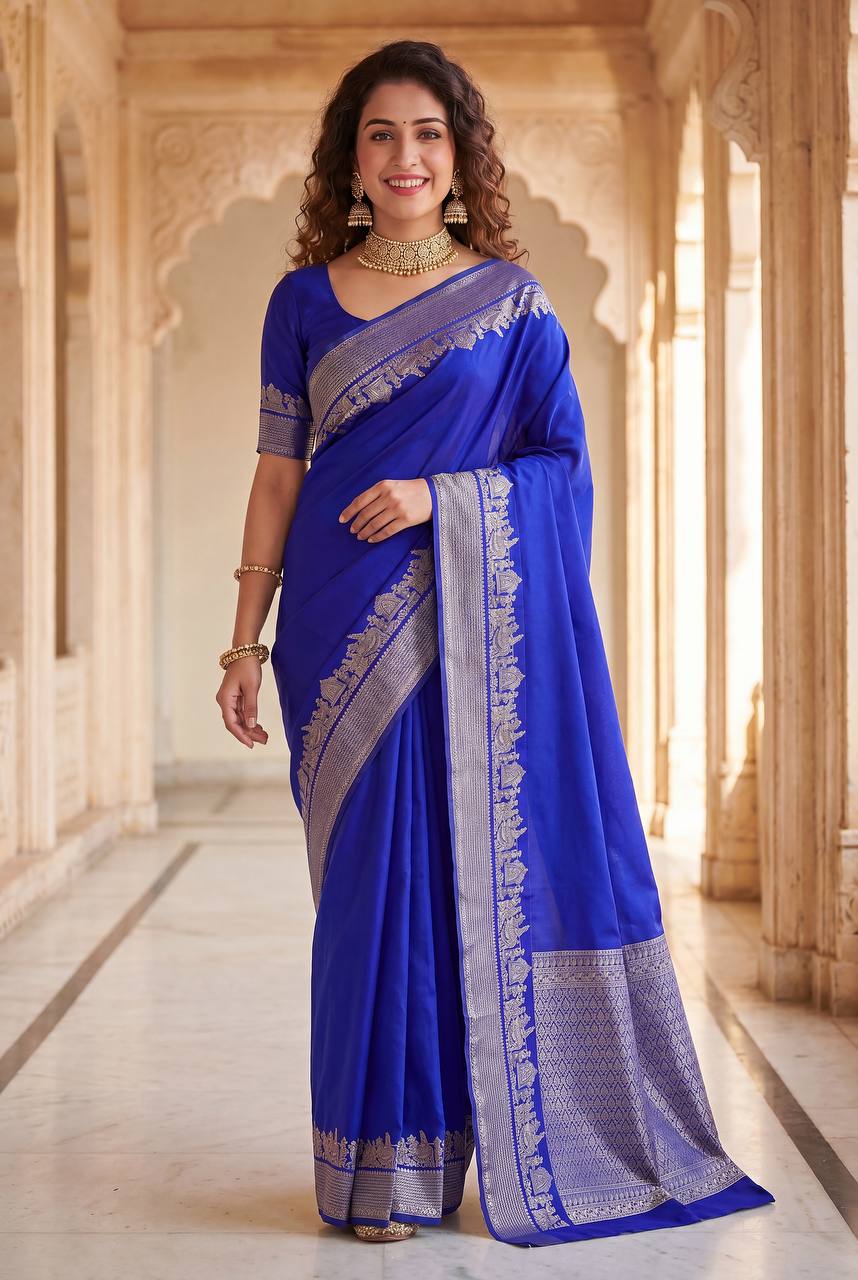 Royal Sapphire Banarasi Silk Saree with Silver Heritage Zari Border