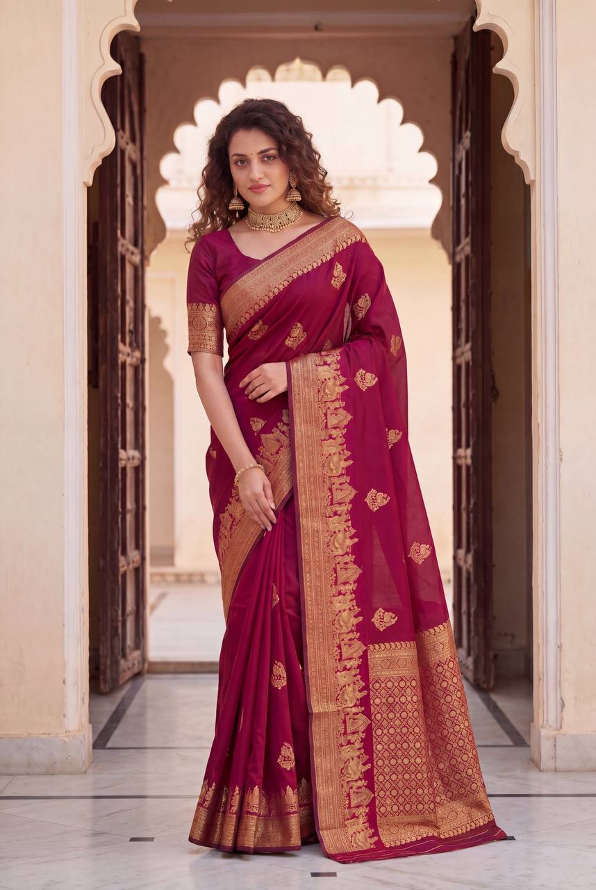 Royal Magenta Banarasi Silk Saree with Grand Antique Zari Border