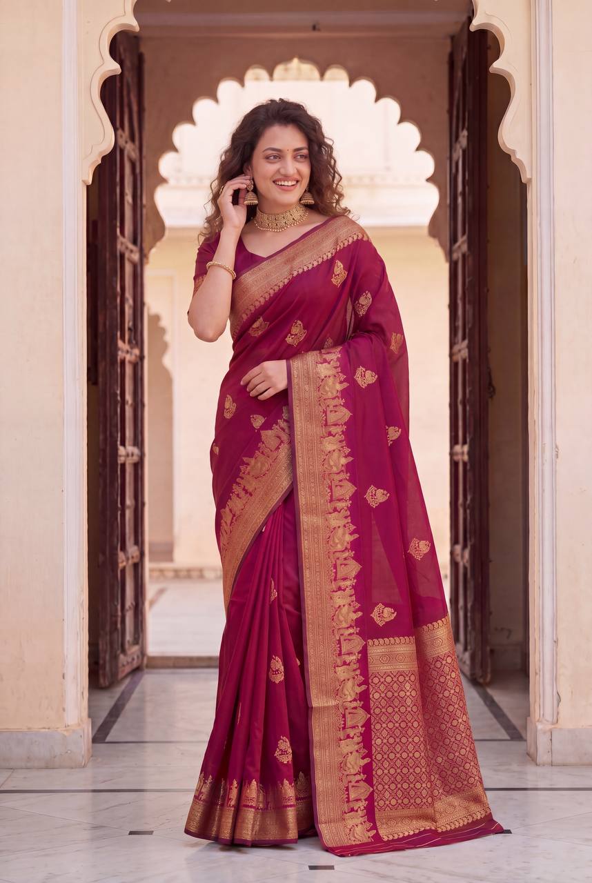 Royal Magenta Banarasi Silk Saree with Grand Antique Zari Border
