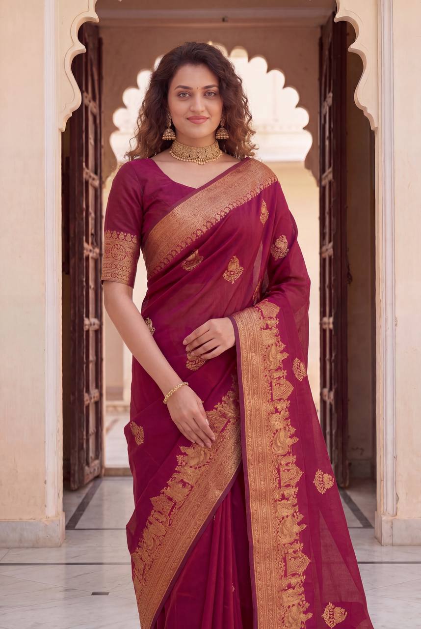 Royal Magenta Banarasi Silk Saree with Grand Antique Zari Border
