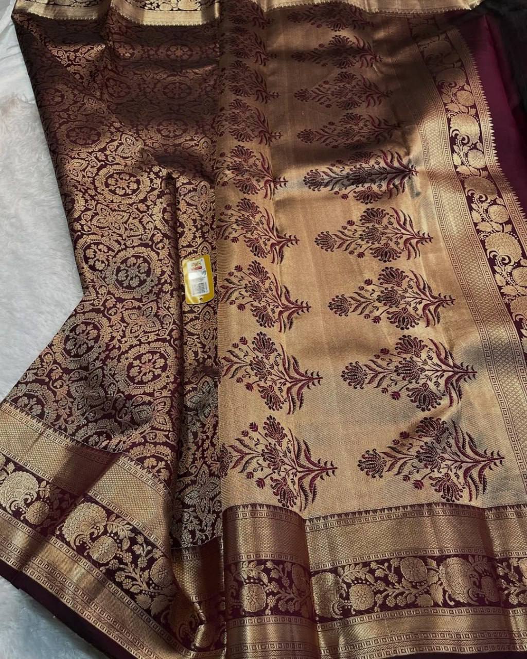 Maroon Antique Gold Banarasi Silk Saree