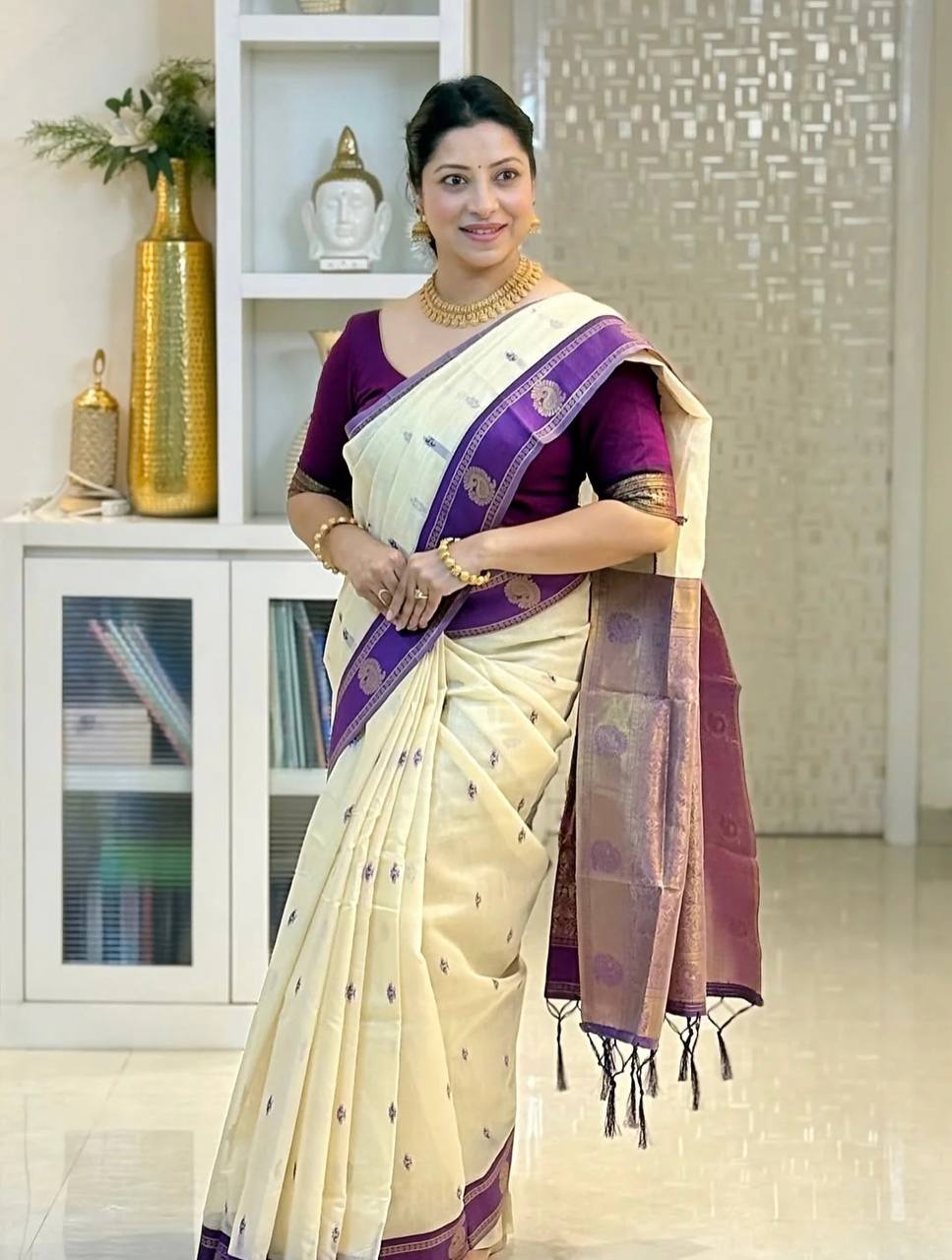 Ivory Purple Zari Silk Saree