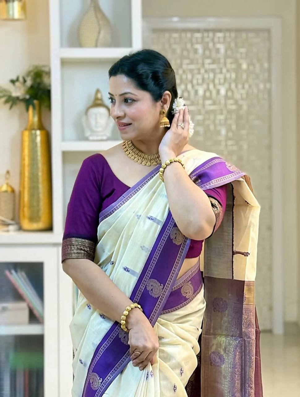 Ivory Purple Zari Silk Saree