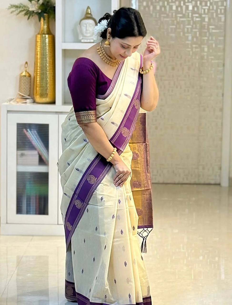 Ivory Purple Zari Silk Saree