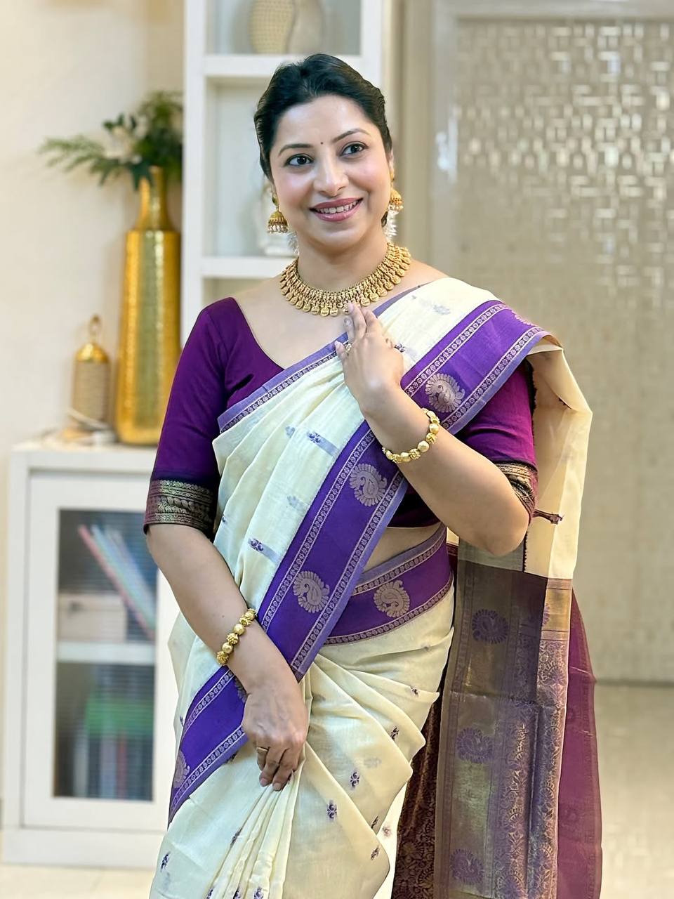 Ivory Purple Zari Silk Saree