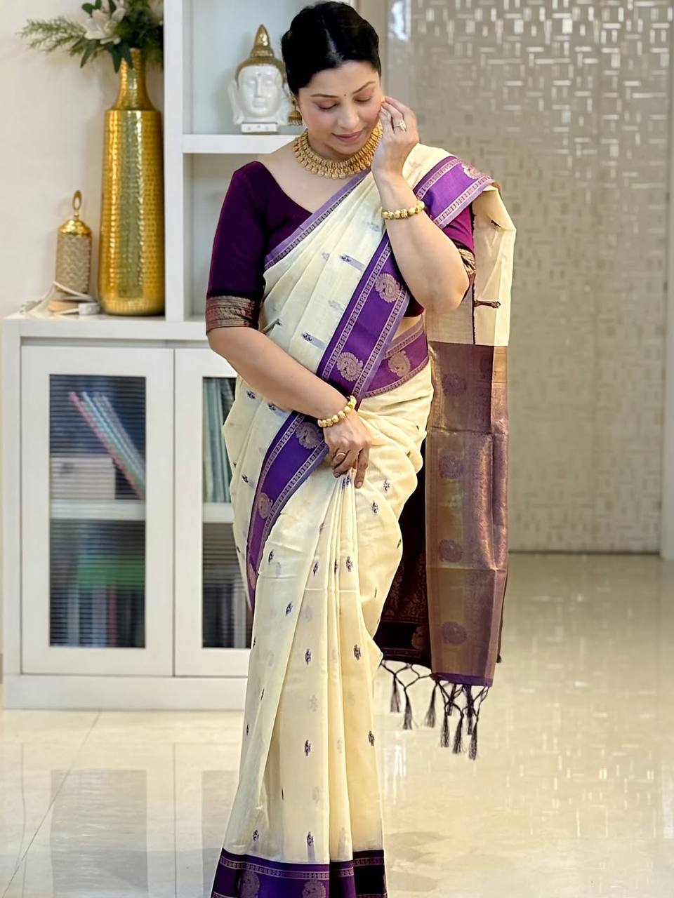 Ivory Purple Zari Silk Saree