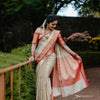 Cream and Peach Silk Saree with Pink Woven Border