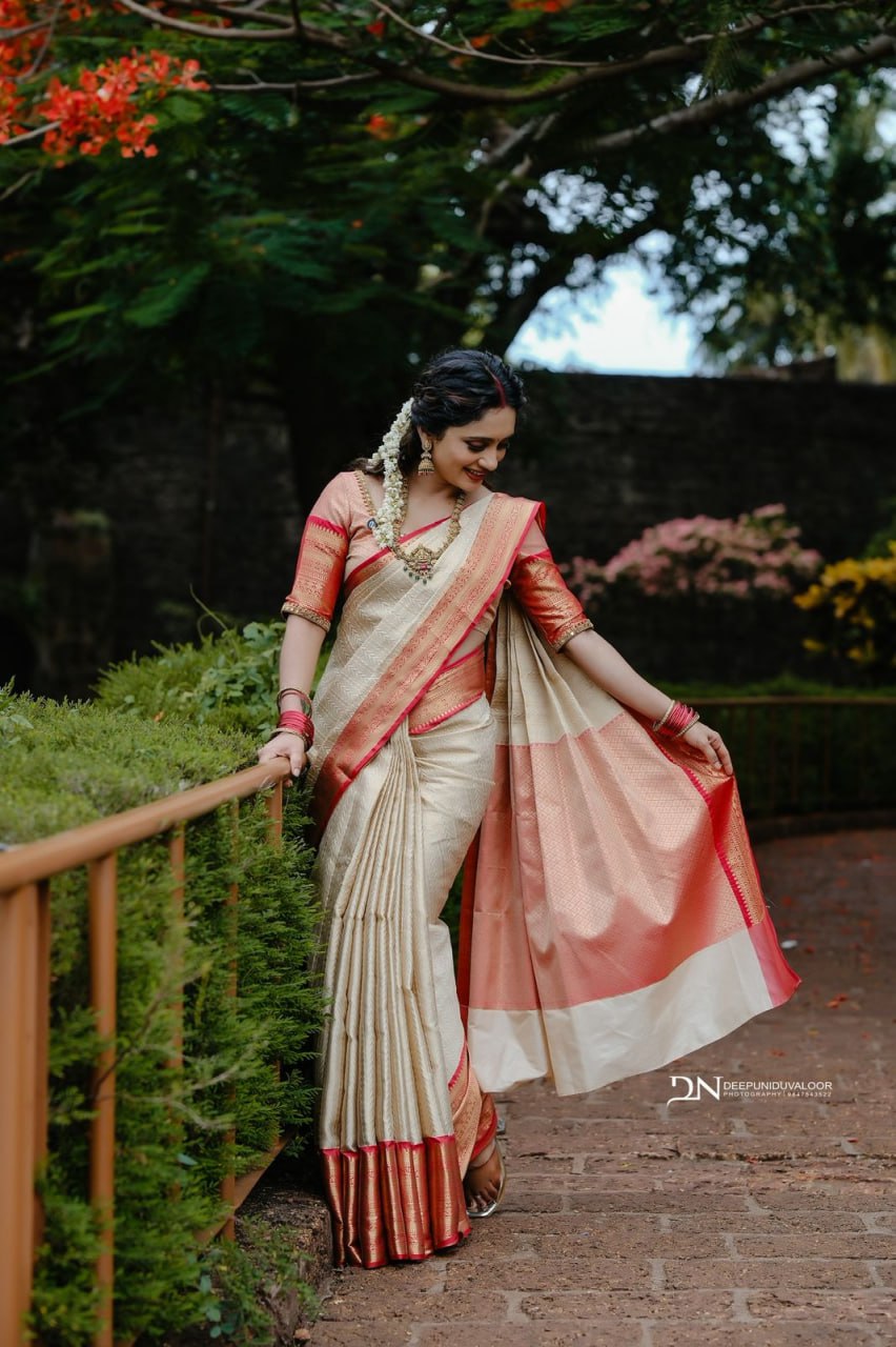 Cream and Peach Silk Saree with Pink Woven Border