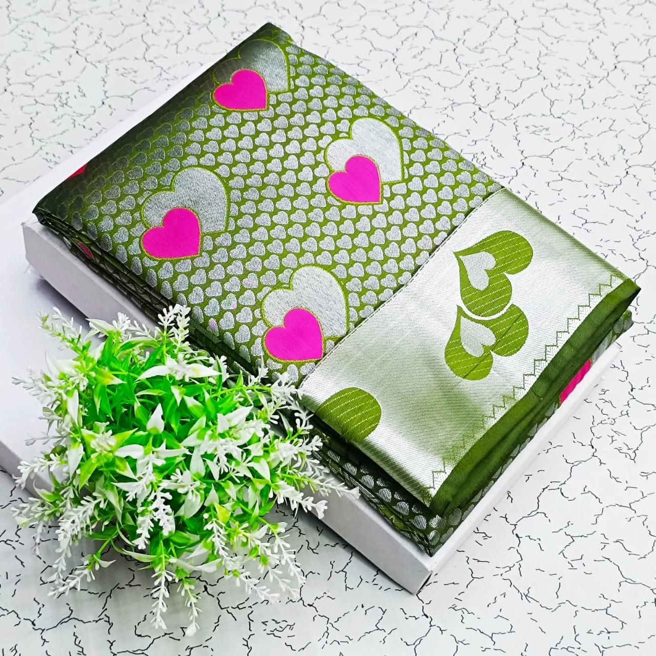 Green Heart Design Silk Saree