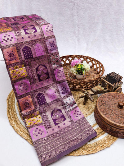 Elegant Wine & Purple Silk Blend Saree with Floral Block Print and Zari Border