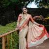Cream and Peach Silk Saree with Pink Woven Border