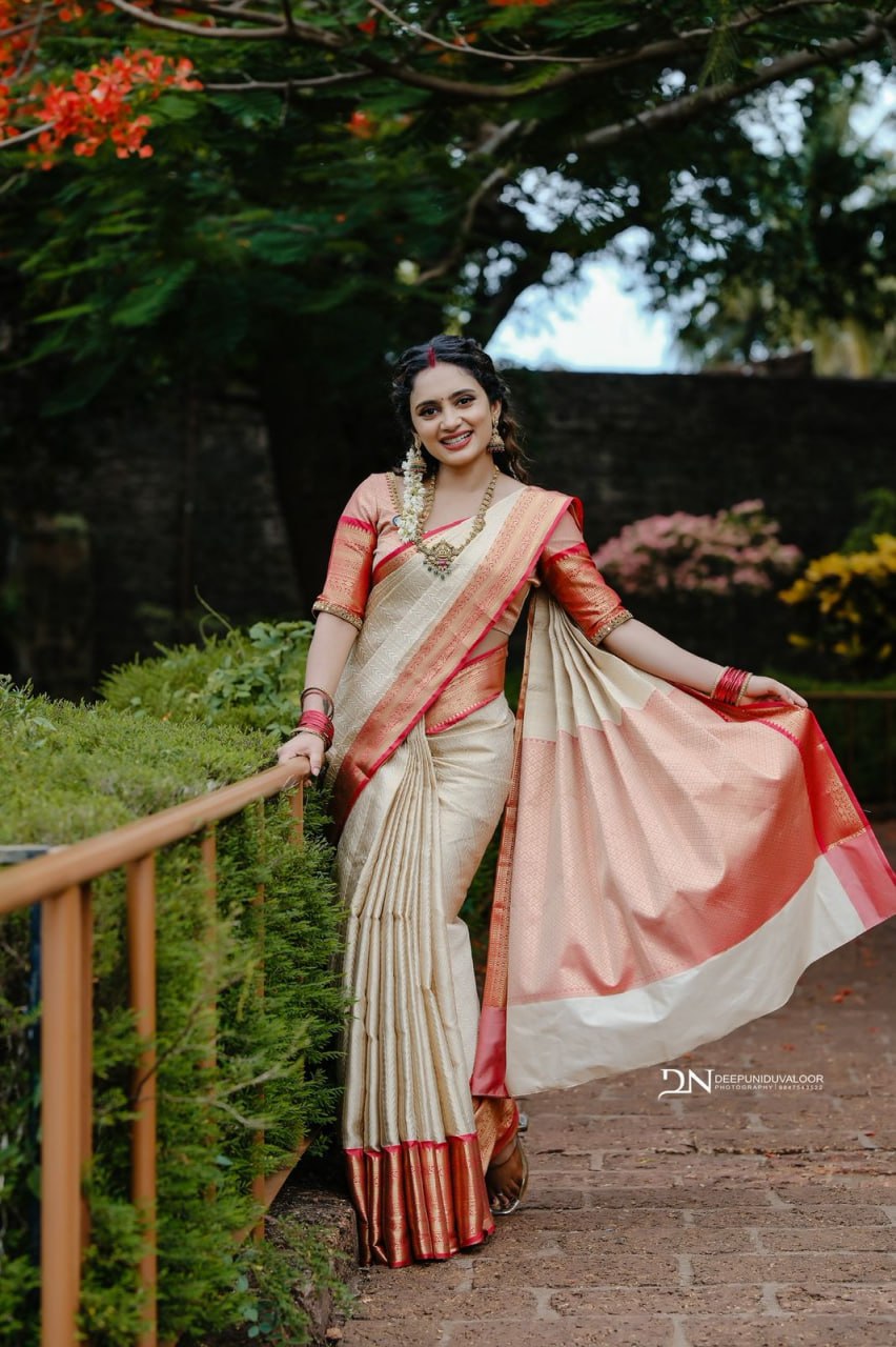 Cream and Peach Silk Saree with Pink Woven Border