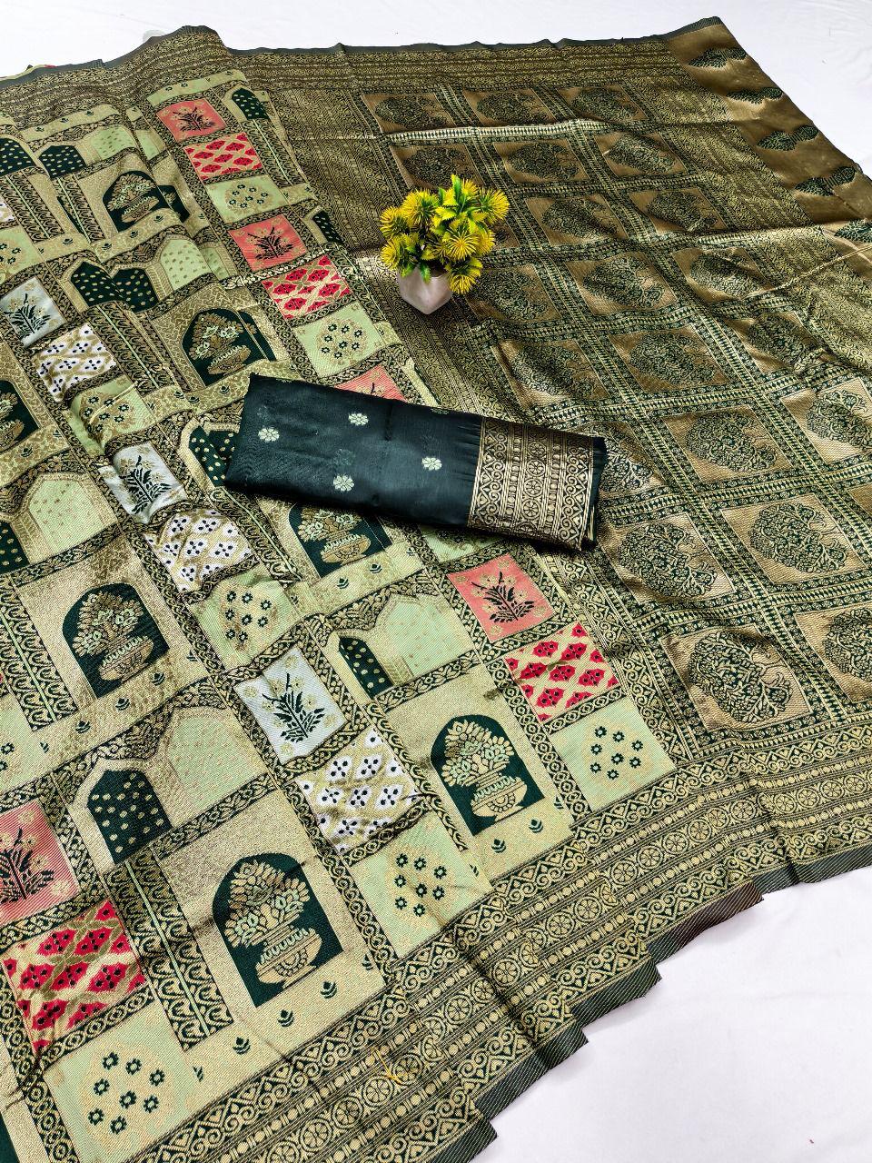Royal Sage Green Silk Blend Saree with Contrast Bottle Green Pallu & Ethnic Block Prints