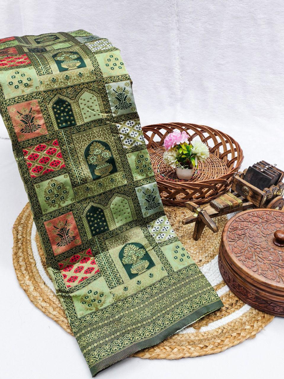 Royal Sage Green Silk Blend Saree with Contrast Bottle Green Pallu & Ethnic Block Prints