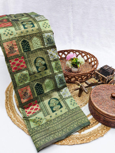 Royal Sage Green Silk Blend Saree with Contrast Bottle Green Pallu & Ethnic Block Prints