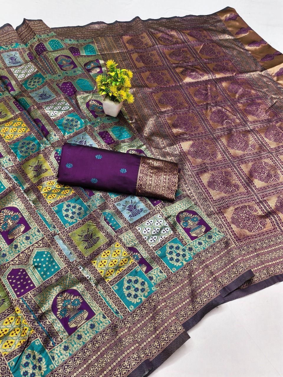 Traditional Mehendi Green Silk Blend Saree with Ethnic Block Prints & Rich Zari Border