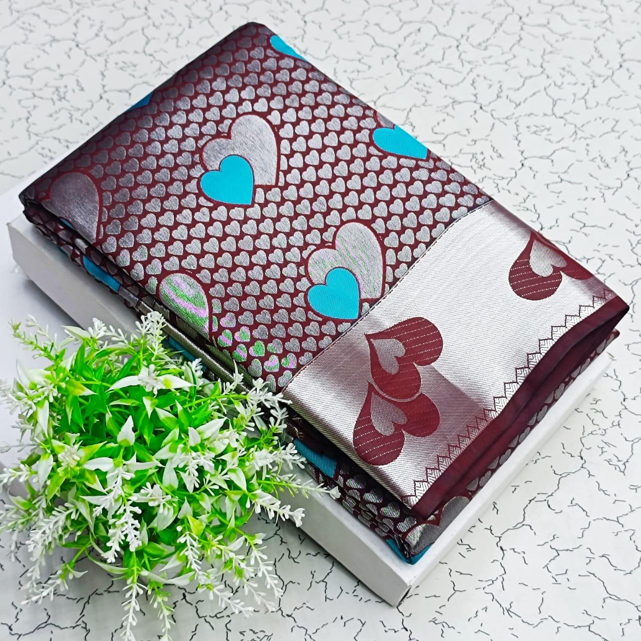 Heart Motif Banarasi Silk Saree with Rich Woven Border