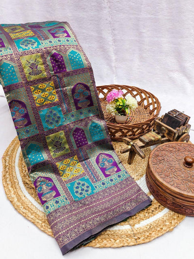 Traditional Mehendi Green Silk Blend Saree with Ethnic Block Prints & Rich Zari Border