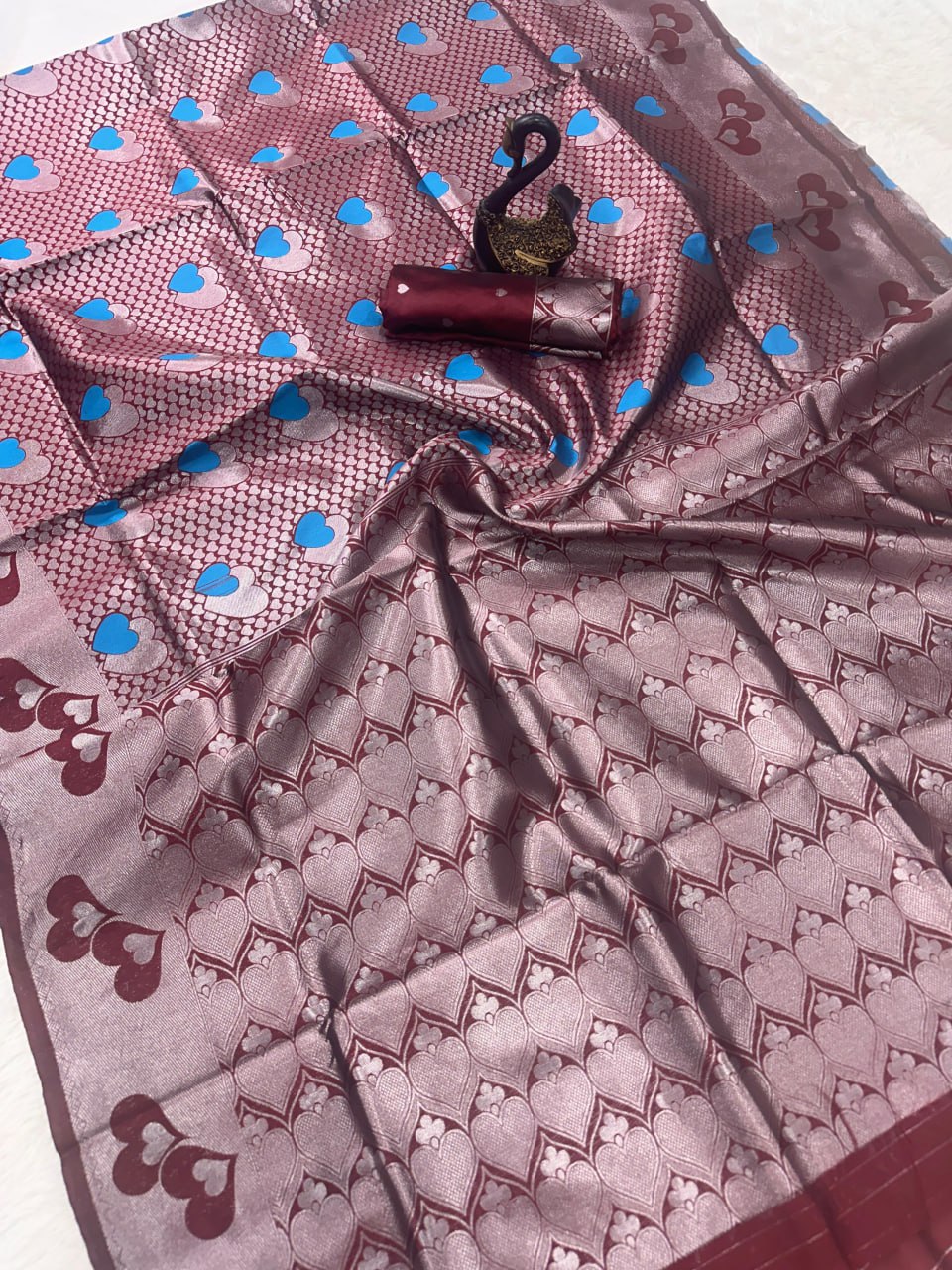 Heart Motif Banarasi Silk Saree with Rich Woven Border