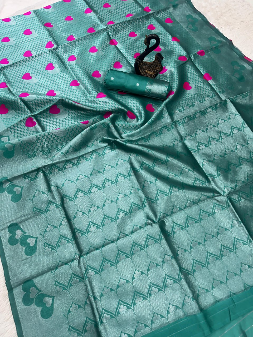 Sea Green Heart Motif Woven Silk Saree with Matching Blouse