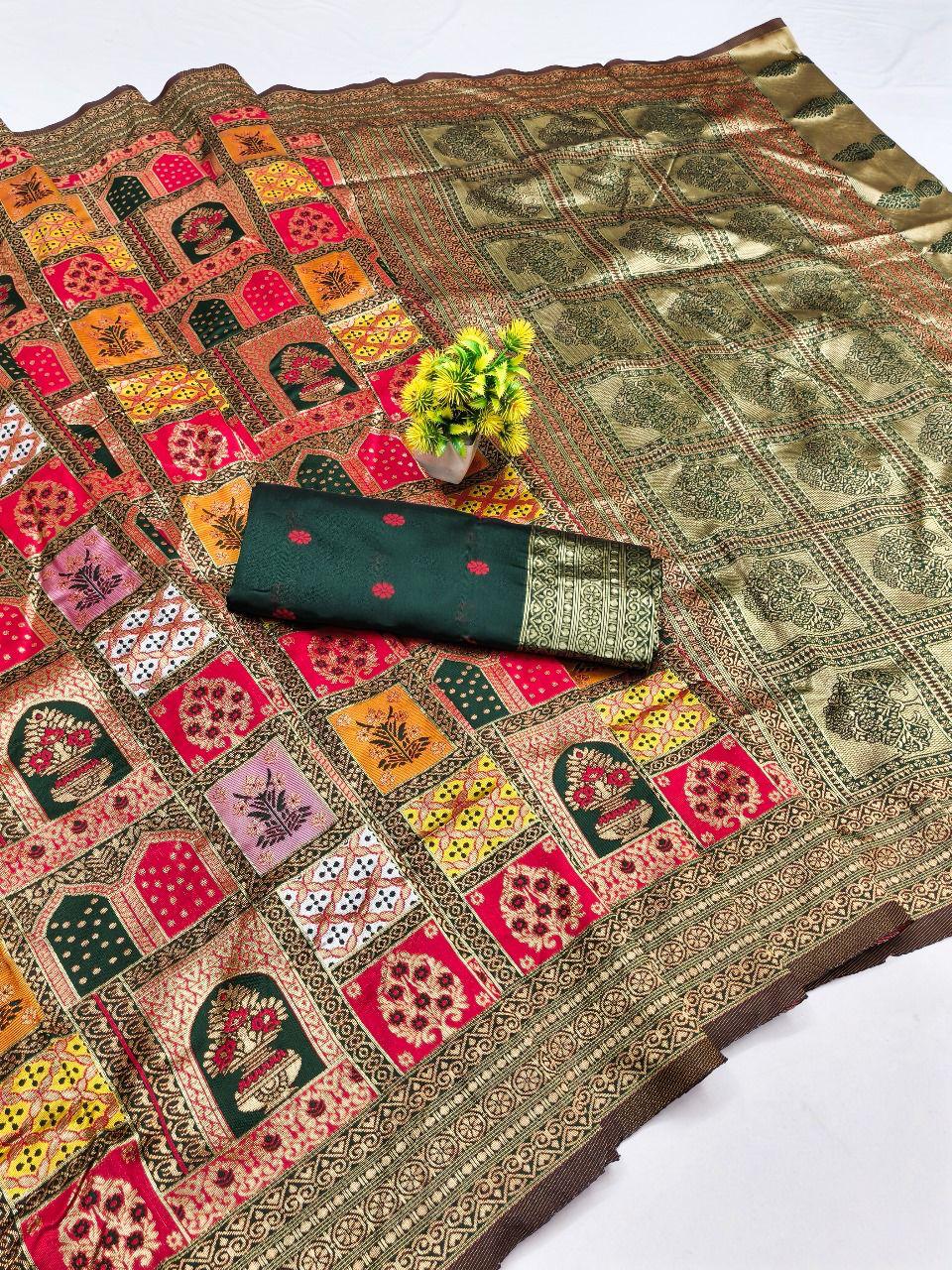 Royal Heritage Silk Blend Saree with Mughal Architectural Prints & Rich Zari Border