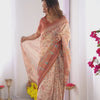Graceful Ivory Beige Linen Saree with Artistic Rust Border & Heritage Print Detailing | Premium Festive & Elegant Wear