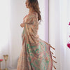 Classic Beige Linen Saree with Teal Green Heritage Border & Traditional Story Print Detailing | Premium Cultural & Festive Wear