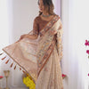 Elegant Sand Beige Linen Saree with Rust Brown Paisley Border & Heritage Animal Motif Prints | Premium Cultural & Festive Wear
