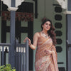 Mustard Brown Printed Silk Saree with Traditional Border & Storytelling Pallu