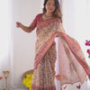 Classic Cream Linen Saree with Maroon Heritage Border & Artistic Kalamkari-Inspired Floral Prints | Premium Festive & Cultural Wear