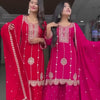 Embroidered Kurti Sharara Set with Dupatta – Red & Rani Pink