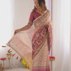 Graceful Peach Cream Linen Saree with Rose Pink Royal Border & Delicate Floral Vine Prints | Premium Festive & Elegant Wear