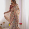 Elegant Cream Beige Linen Saree with Rust Red Heritage Border & Traditional Folk Story Prints | Premium Cultural & Festive Wear