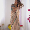 Elegant Sand Beige Linen Saree with Deep Green Border & Traditional Paisley Heritage Prints | Premium Festive & Cultural Wear