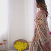 Elegant Cream Beige Linen Saree with Rose Pink Floral Border & Multicolor Botanical Print | Premium Festive & Day Elegance Wear