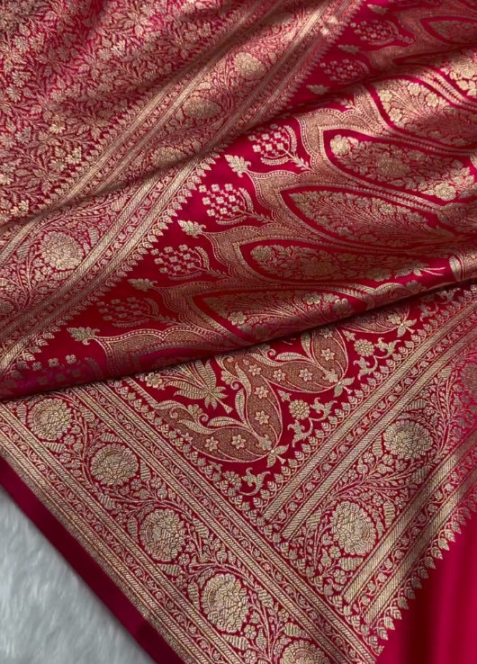 Rich Red Banarasi Brocade Silk Saree with All-Over Golden Zari Floral Weaving