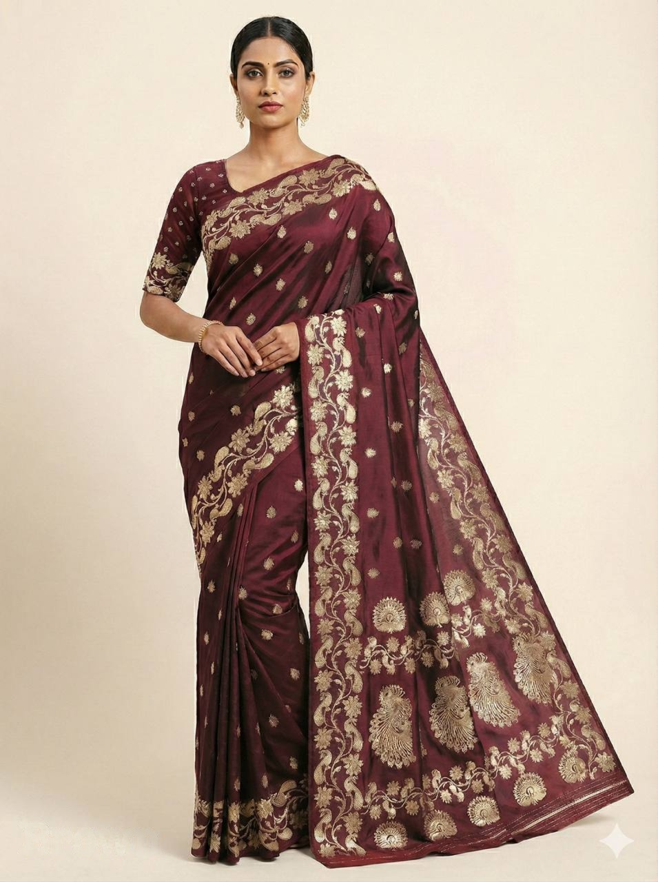Wine Maroon Silk Saree with Grand Gold Zari Peacock & Floral Border