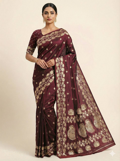 Wine Maroon Silk Saree with Grand Gold Zari Peacock & Floral Border
