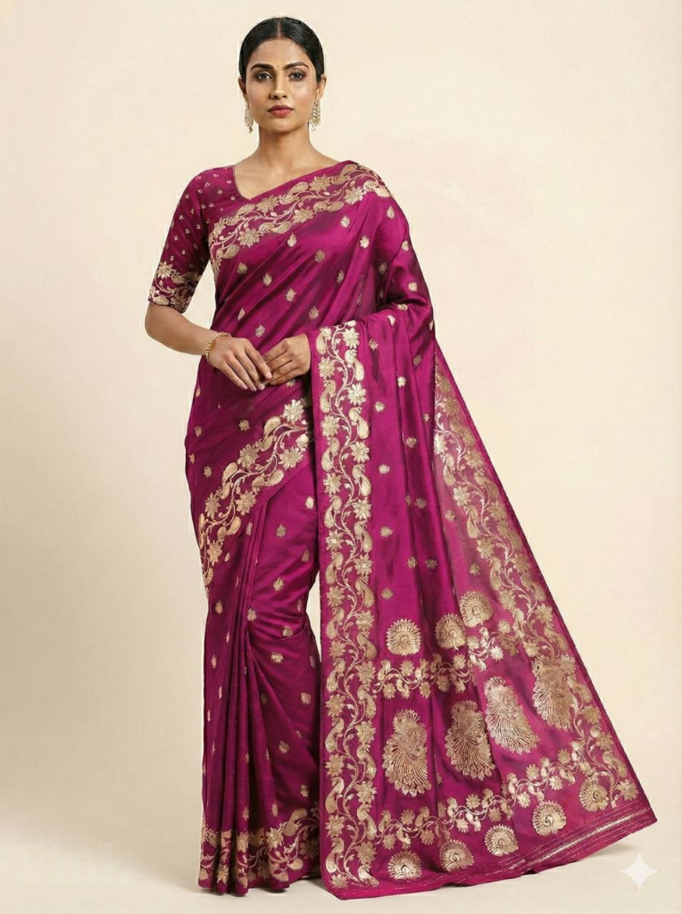 Magenta Silk Saree with Luxurious Gold Zari Floral & Peacock Border